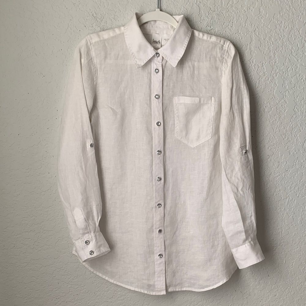 INC Beach White Casual Linen Glass Button-Down Long RollTab Sleeve Shirt Size 4